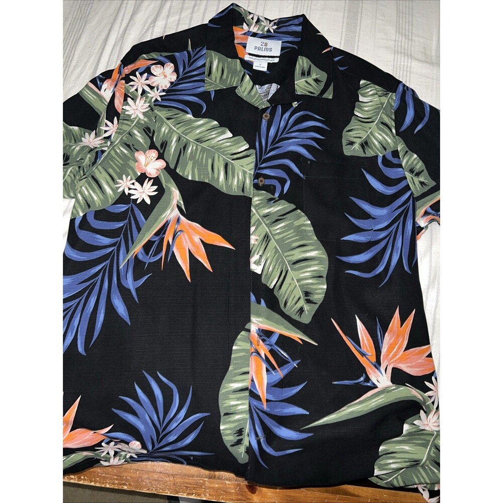 28 Palms-Mens Hawaiian Shirt-X-Large-Blue Floral-Short Sleeve-Button Down-Casual